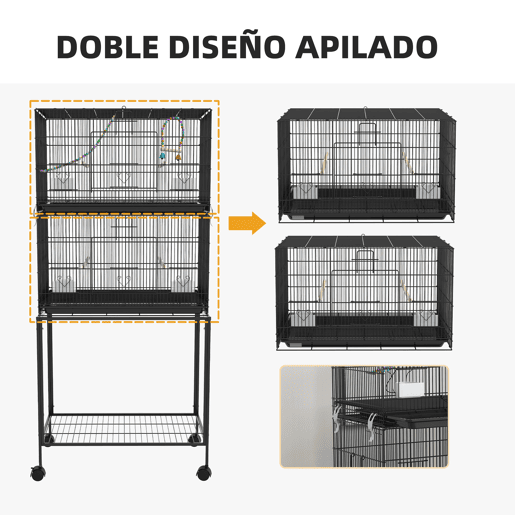 PawHut Gaiola Dupla e Empilhável para Pássaros 77x46x164 cm Gaiola de Metal para Pássaros com Rodas Poleiros Bandeja Amovível Comedouros Baloiço e Escada para Periquitos Canários Preto