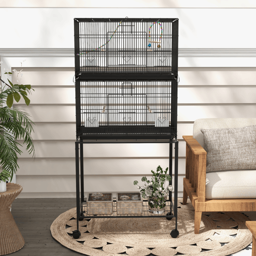 PawHut Gaiola Dupla e Empilhável para Pássaros 77x46x164 cm Gaiola de Metal para Pássaros com Rodas Poleiros Bandeja Amovível Comedouros Baloiço e Escada para Periquitos Canários Preto