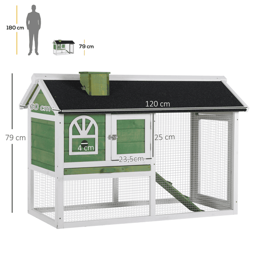 PawHut Coelheira de Madeira 120x60x79 cm Coelheira Grande com Teto Asfáltico Bandeja Removível Escada e Chaminé para Exterior Verde