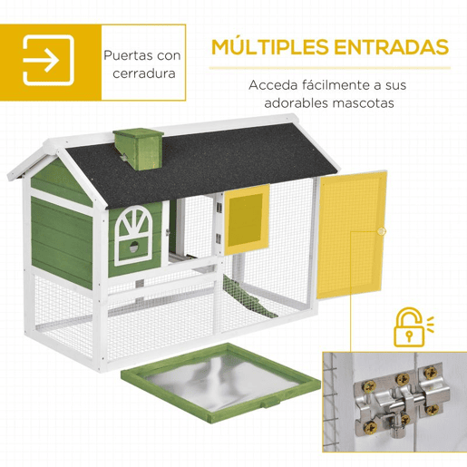 PawHut Coelheira de Madeira 120x60x79 cm Coelheira Grande com Teto Asfáltico Bandeja Removível Escada e Chaminé para Exterior Verde