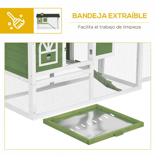 PawHut Coelheira de Madeira 120x60x79 cm Coelheira Grande com Teto Asfáltico Bandeja Removível Escada e Chaminé para Exterior Verde