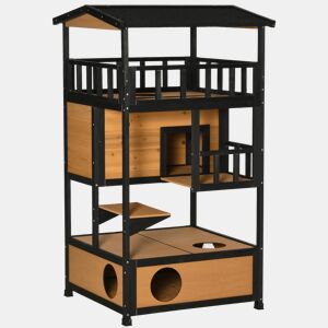PawHut Casa para Gatos de Madeira 75,5x75x137 cm Abrigo para Gatos com Telhado Asfáltico Plataformas e Ninho para Interior e Exterior Natural