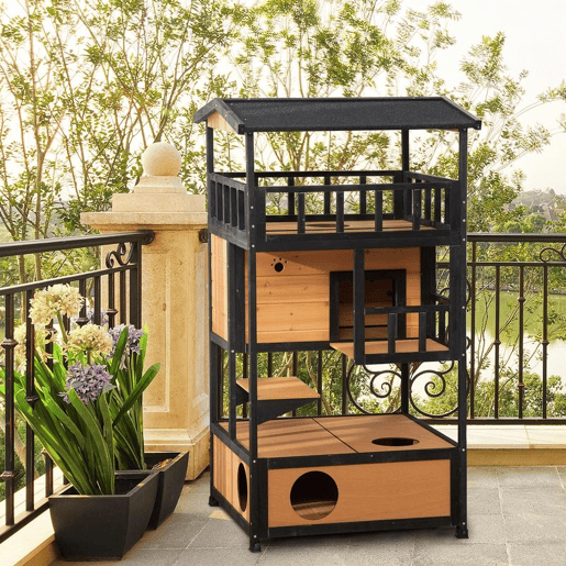 PawHut Casa para Gatos de Madeira 75,5x75x137 cm Abrigo para Gatos com Telhado Asfáltico Plataformas e Ninho para Interior e Exterior Natural