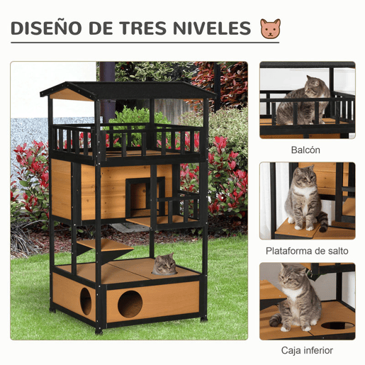 PawHut Casa para Gatos de Madeira 75,5x75x137 cm Abrigo para Gatos com Telhado Asfáltico Plataformas e Ninho para Interior e Exterior Natural