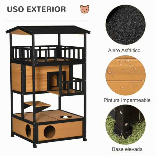 PawHut Casa para Gatos de Madeira 75,5x75x137 cm Abrigo para Gatos com Telhado Asfáltico Plataformas e Ninho para Interior e Exterior Natural