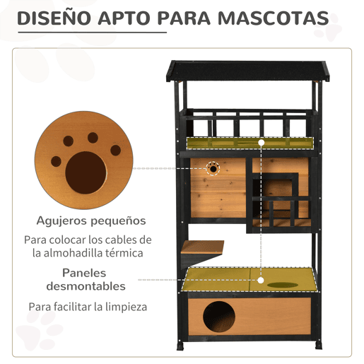 PawHut Casa para Gatos de Madeira 75,5x75x137 cm Abrigo para Gatos com Telhado Asfáltico Plataformas e Ninho para Interior e Exterior Natural