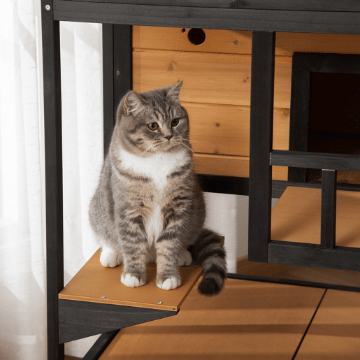 PawHut Casa para Gatos de Madeira 75,5x75x137 cm Abrigo para Gatos com Telhado Asfáltico Plataformas e Ninho para Interior e Exterior Natural