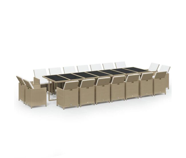 Juego comedor jardín 19 pzas con cojines ratán sintético beige