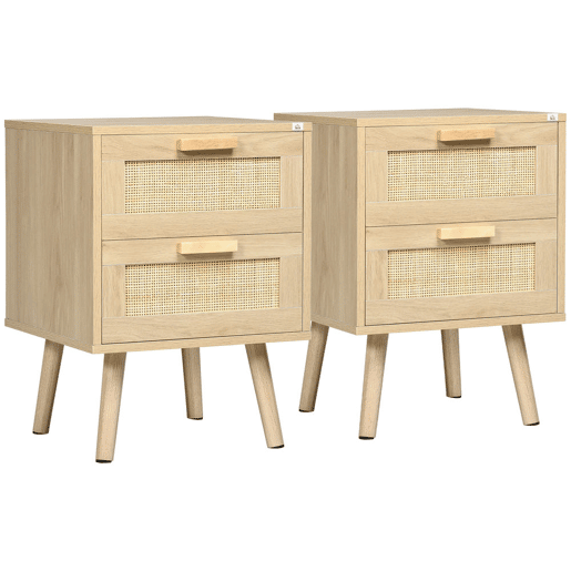 HOMCOM Conjunto de 2 Mesas de Cabeceira Estilo Boémio Mesas de Cabeceira com Gaveta em Vime Sintético e Pés de Madeira para Sala de Estar Dormitório 40x40x56 cm Madeira