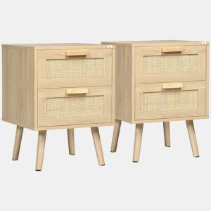 HOMCOM Conjunto de 2 Mesas de Cabeceira Estilo Boémio Mesas de Cabeceira com Gaveta em Vime Sintético e Pés de Madeira para Sala de Estar Dormitório 40x40x56 cm Madeira