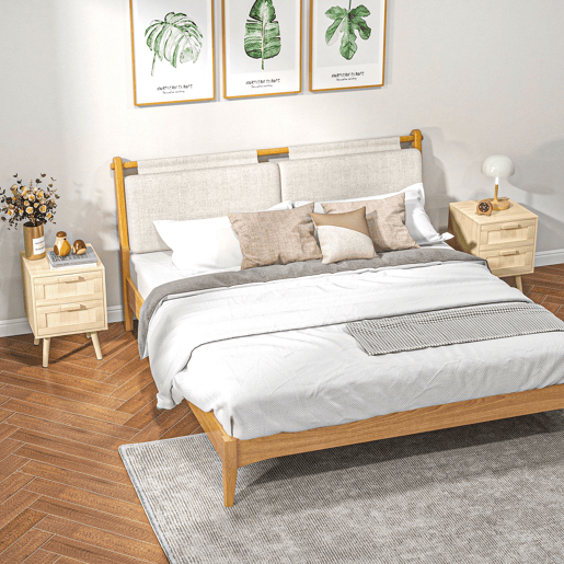 HOMCOM Conjunto de 2 Mesas de Cabeceira Estilo Boémio Mesas de Cabeceira com Gaveta em Vime Sintético e Pés de Madeira para Sala de Estar Dormitório 40x40x56 cm Madeira