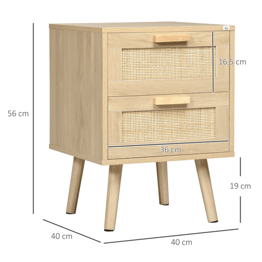 HOMCOM Conjunto de 2 Mesas de Cabeceira Estilo Boémio Mesas de Cabeceira com Gaveta em Vime Sintético e Pés de Madeira para Sala de Estar Dormitório 40x40x56 cm Madeira