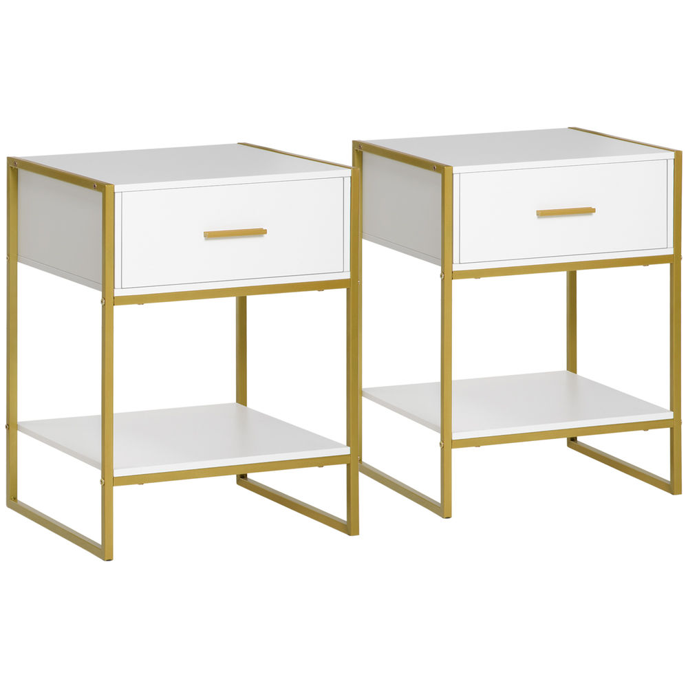 Homcom conjunto de 2 mesitas de noche mesas auxiliares con 1 cajón y estante de almacenamiento para dormitorio salón oficina estilo moderno 45x40x60 cm blanco