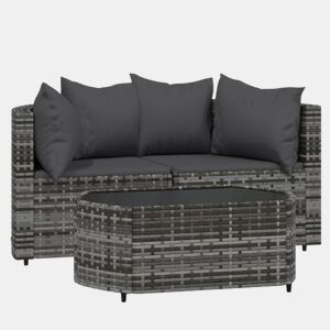 vidaXL 3 pcs conjunto lounge de jardim c almofadões vime PE cinzento