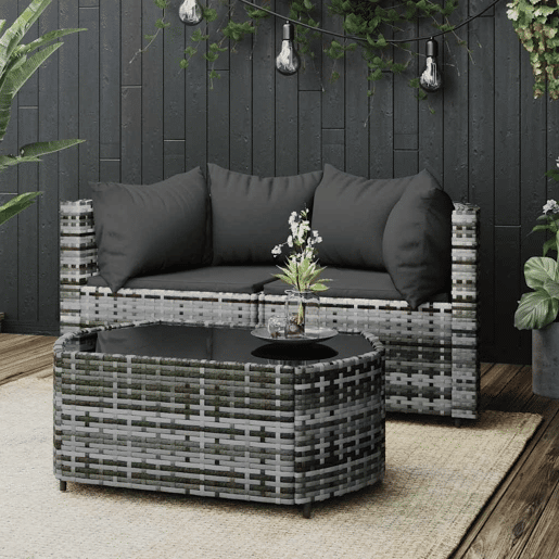 vidaXL 3 pcs conjunto lounge de jardim c almofadões vime PE cinzento