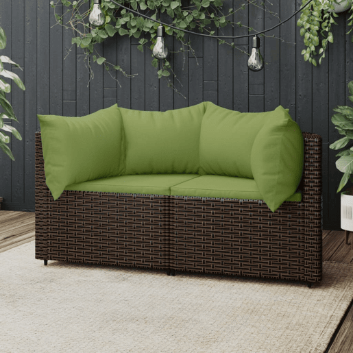 vidaXL Sofás de canto para jardim com almofadões 2pcs vime PE castanho vidaXL Sofás de canto para jardim com almofadões 2pcs vime PE castanho