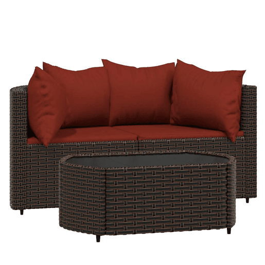 vidaXL 3 pcs conjunto lounge jardim c almofadões vime PE castanho vidaXL 3 pcs conjunto lounge jardim c almofadões vime PE castanho