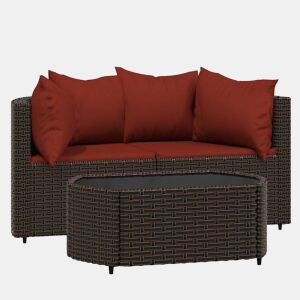 vidaXL 3 pcs conjunto lounge jardim c almofadões vime PE castanho