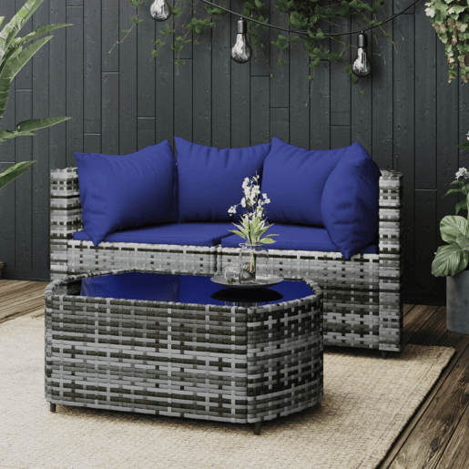 vidaXL 3 pcs conjunto lounge de jardim c almofadões vime PE cinzento