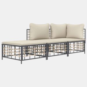 vidaXL 3 pcs conjunto lounge de jardim c almofadões vime PE antracite