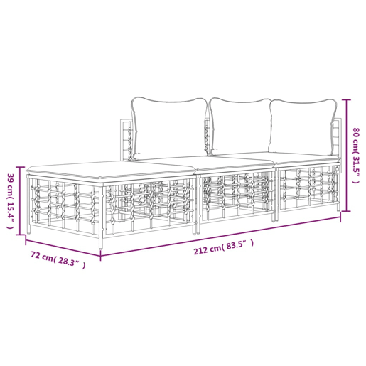 vidaXL 3 pcs conjunto lounge de jardim c almofadões vime PE antracite vidaXL 3 pcs conjunto lounge de jardim c almofadões vime PE antracite