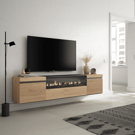 Móvel de TV, Muito espaço de arrumação, 200x35x45cm, Para televisores até 80, Lareira eléctrica, Suspensos, Estilo moderno, Carvalho