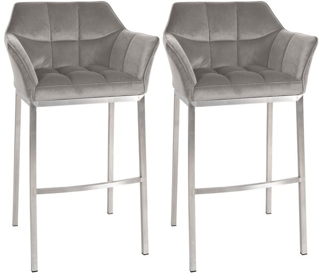 Juego de 2 taburetes de bar damaso de terciopelo con base de cuatro patas gris 48x64x110 cm