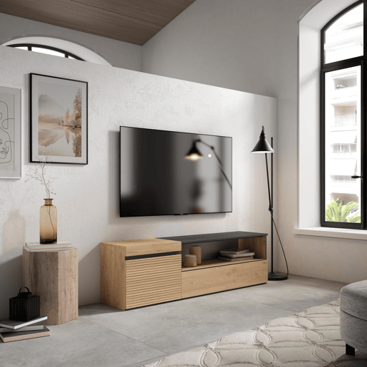 Móvel de TV, Muito espaço de arrumação, 150x35x45cm, Para televisores até 65, Estante para TV, Estilo moderno, Carvalho