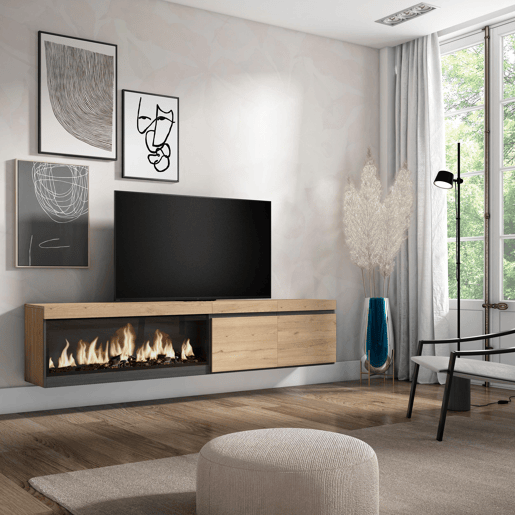 Móvel de TV, Muito espaço de arrumação, 208x35x45cm, Para televisores até 80, Lareira eléctrica XXL, Suspensos, Estilo moderno, Carvalho