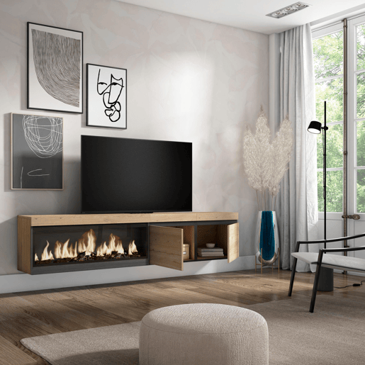 Móvel de TV, Muito espaço de arrumação, 208x35x45cm, Para televisores até 80, Lareira eléctrica XXL, Suspensos, Estilo moderno, Carvalho