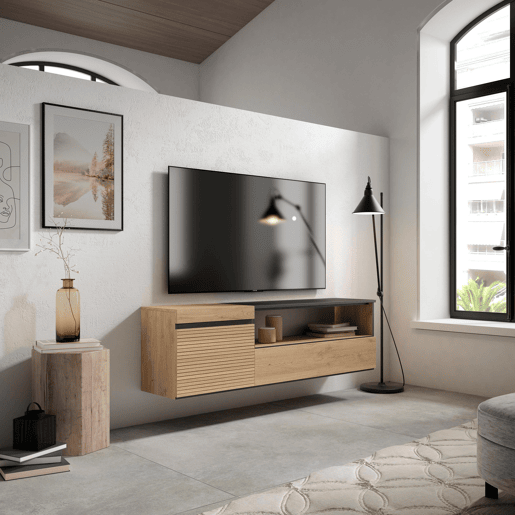 Móvel de TV, Muito espaço de arrumação, 150x35x45cm, Para televisores até 65, Suspensos, Estilo moderno, Carvalho Móvel de TV, Muito espaço de arrumação, 150x35x45cm, Para televisores até 65, Suspensos, Estilo moderno, Carvalho