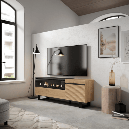 Móvel de TV, Muito espaço de arrumação, 150x35x57cm, Para televisores até 65, Lareira eléctrica, Design industrial, Estilo moderno, Carvalho