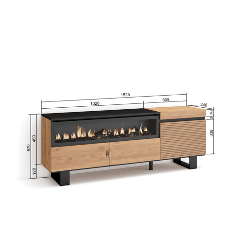 Móvel de TV, Muito espaço de arrumação, 150x35x57cm, Para televisores até 65, Lareira eléctrica, Design industrial, Estilo moderno, Carvalho