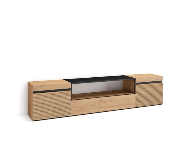 Mueble tv, televisión, muebles de salón, almacenaje, 200x35x45cm, para tv hasta 80", con almacenamiento, estilo moderno, roble