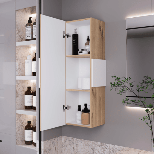 Kit de primeiros socorros Vanguard em melamina, com três prateleiras interiores e uma porta.