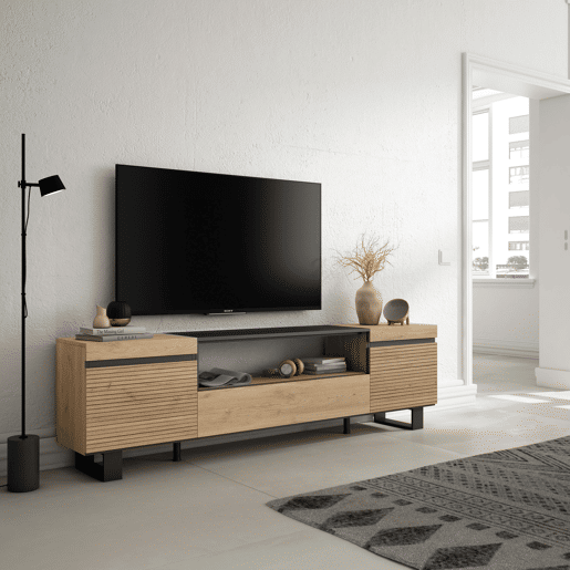 Móvel de TV, Muito espaço de arrumação, 200x35x57cm, Para televisores até 80, Design industrial, Estilo moderno, Carvalho Móvel de TV, Muito espaço de arrumação, 200x35x57cm, Para televisores até 80, Design industrial, Estilo moderno, Carvalho