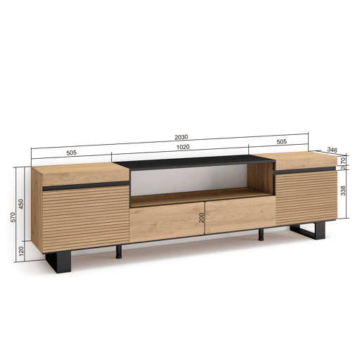 Móvel de TV, Muito espaço de arrumação, 200x35x57cm, Para televisores até 80, Design industrial, Estilo moderno, Carvalho Móvel de TV, Muito espaço de arrumação, 200x35x57cm, Para televisores até 80, Design industrial, Estilo moderno, Carvalho