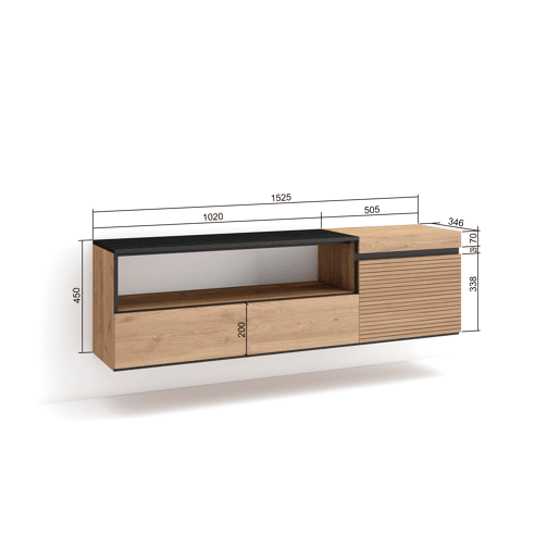 Móvel de TV, Muito espaço de arrumação, 150x35x45cm, Para televisores até 65, Suspensos, Estilo moderno, Carvalho