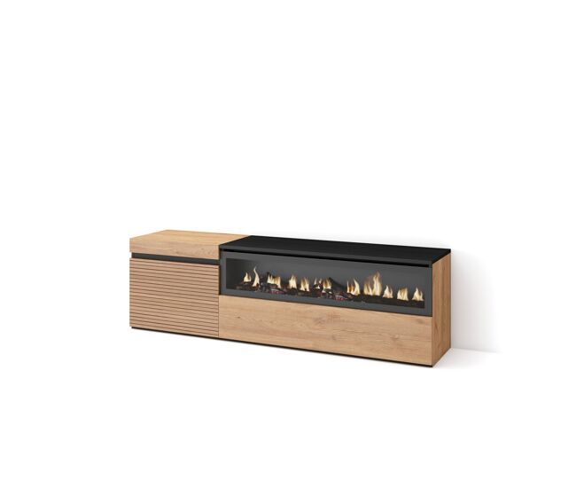 Mueble tv, televisión, muebles de salón, almacenaje, 150x35x45cm, para tv hasta 65", chimenea eléctrica, estilo moderno, roble