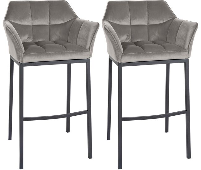 Juego de 2 taburetes de bar damaso de terciopelo con base de cuatro patas gris 48x64x110 cm