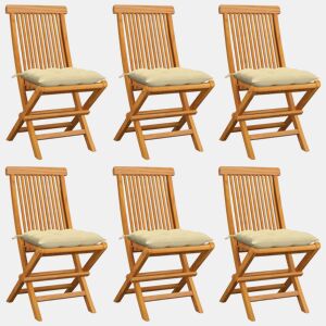 vidaXL Cadeiras de jardim c almofadões branco nata 6 pcs teca maciça