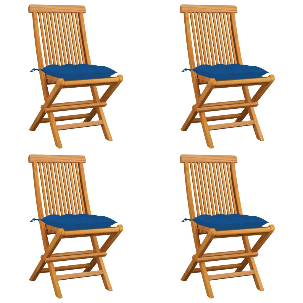 Vidaxl sillas de jardín 4 uds madera maciza de teca con cojines azules