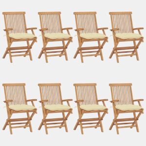 vidaXL Cadeiras de jardim c almofadões branco nata 8 pcs teca maciça