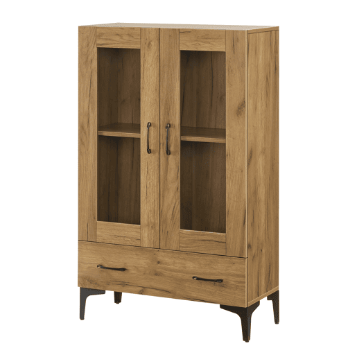 Vitrina Søndersø com 2 portas, prateleira de vidro e aglomerado 115 x 70 x 31 cm - efeito carvalho e preto en.casa