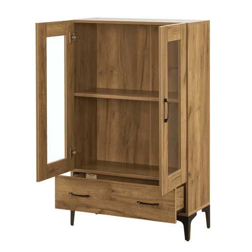 Vitrina Søndersø com 2 portas, prateleira de vidro e aglomerado 115 x 70 x 31 cm - efeito carvalho e preto en.casa