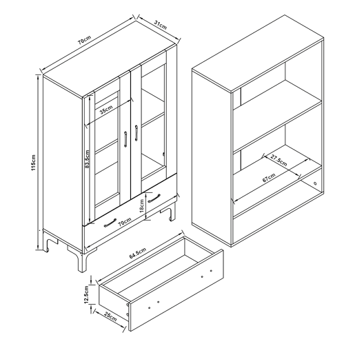 Vitrina Søndersø com 2 portas, prateleira de vidro e aglomerado 115 x 70 x 31 cm - efeito carvalho e preto en.casa