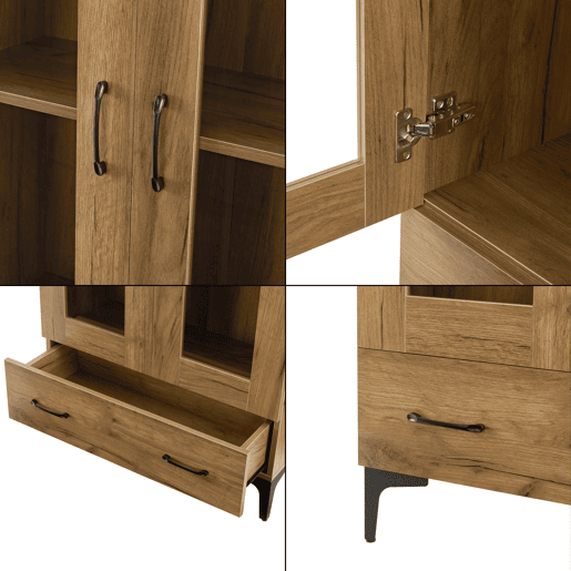 Vitrina Søndersø com 2 portas, prateleira de vidro e aglomerado 115 x 70 x 31 cm - efeito carvalho e preto en.casa