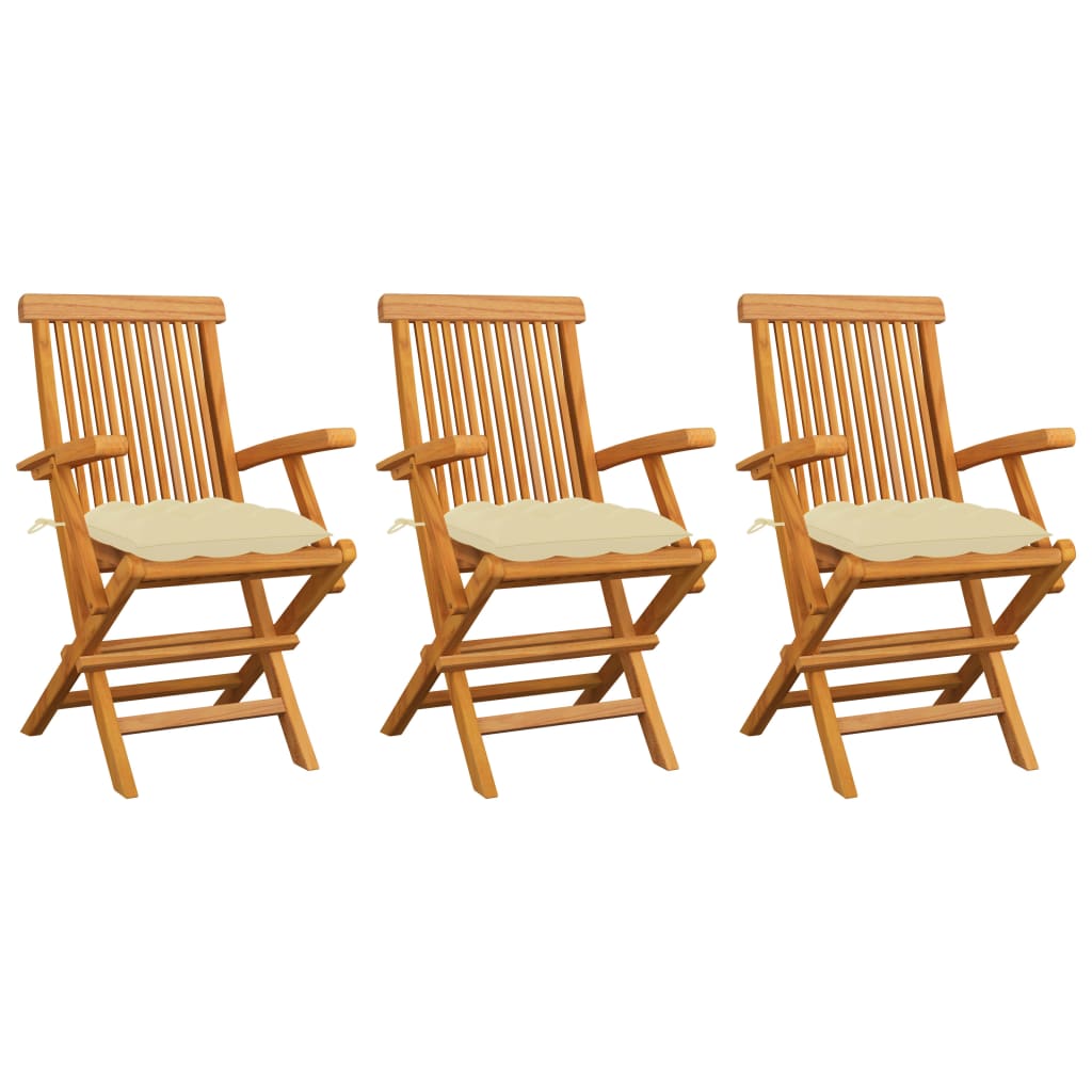 Vidaxl sillas de jardín 3 uds madera teca con cojines crema blanco