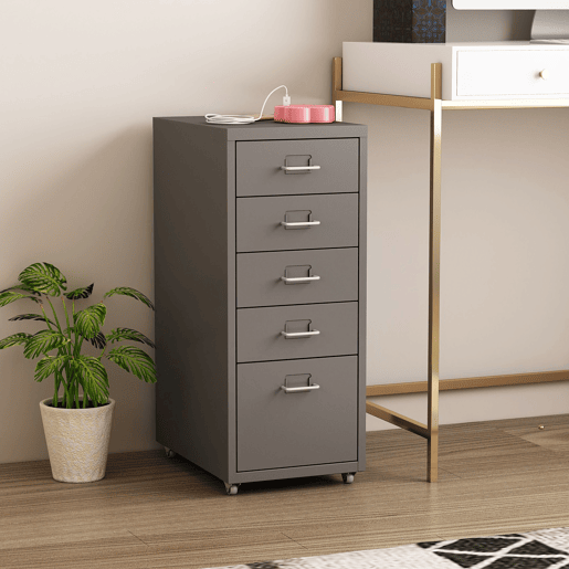 Armário de arquivo móvel Kökar com 5 gavetas 69x28x41 cm aço - Cinzento en.casa