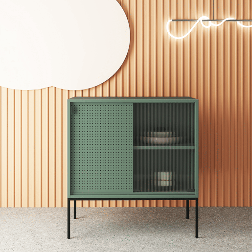 Aparador Eidsvoll com 2 portas de aço e vidro canelado 85 x 80 x 45 cm - Verde Preto en.casa